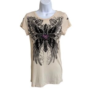 Womens Graphic T-Shirt Cross Angel Wings Bling Short Sleeve Crew Neck Y2K L
